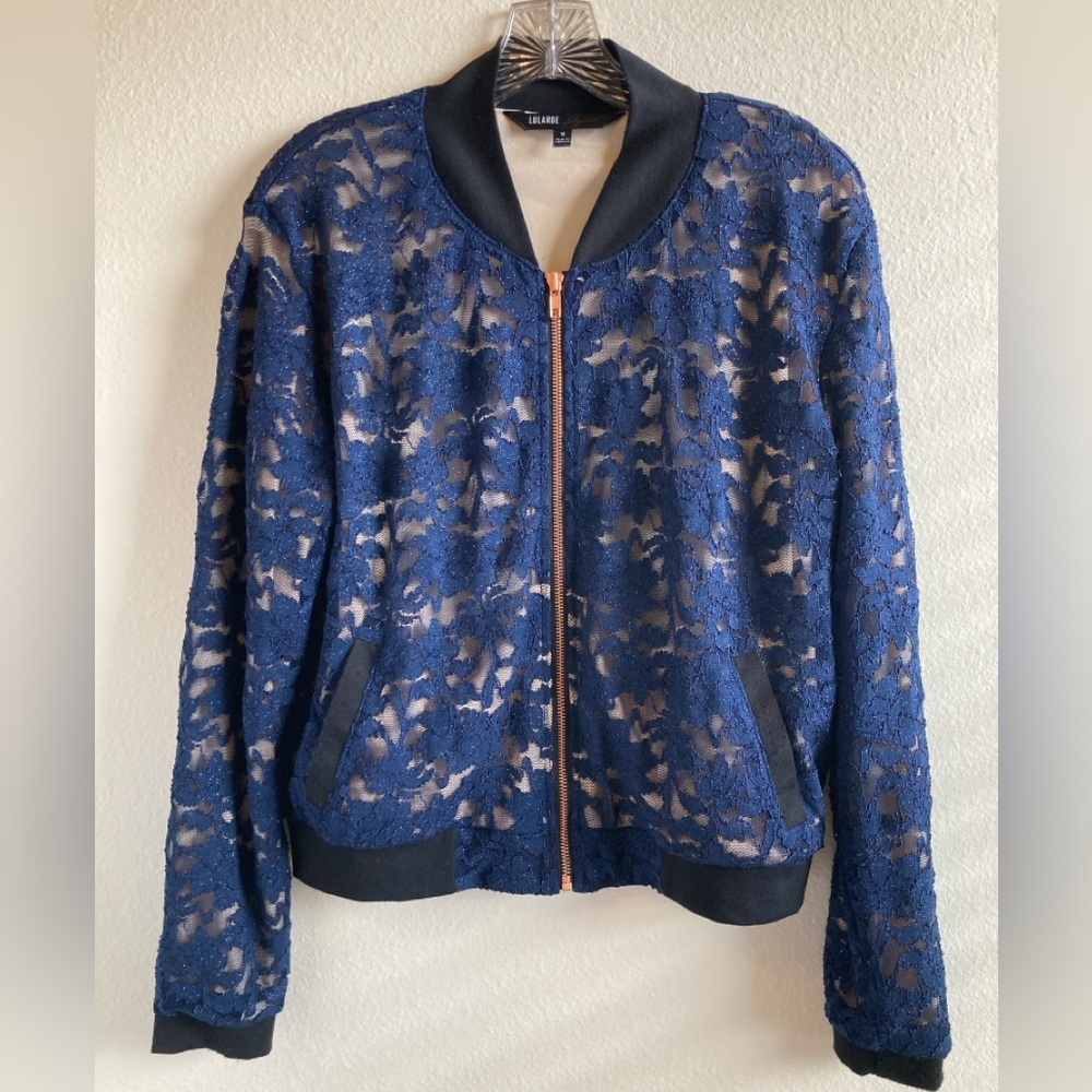 LuLaRoe Elegant Collection Stevie Bomber Jacket Size M Navy Shimmer Lace